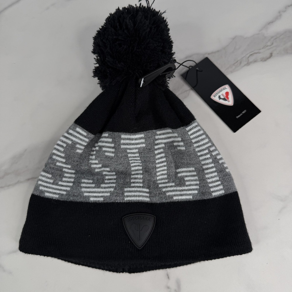 Rossignol Hat Beanie Pom Knit Mens One Size Black Gray Fleece Lined Logo Patch